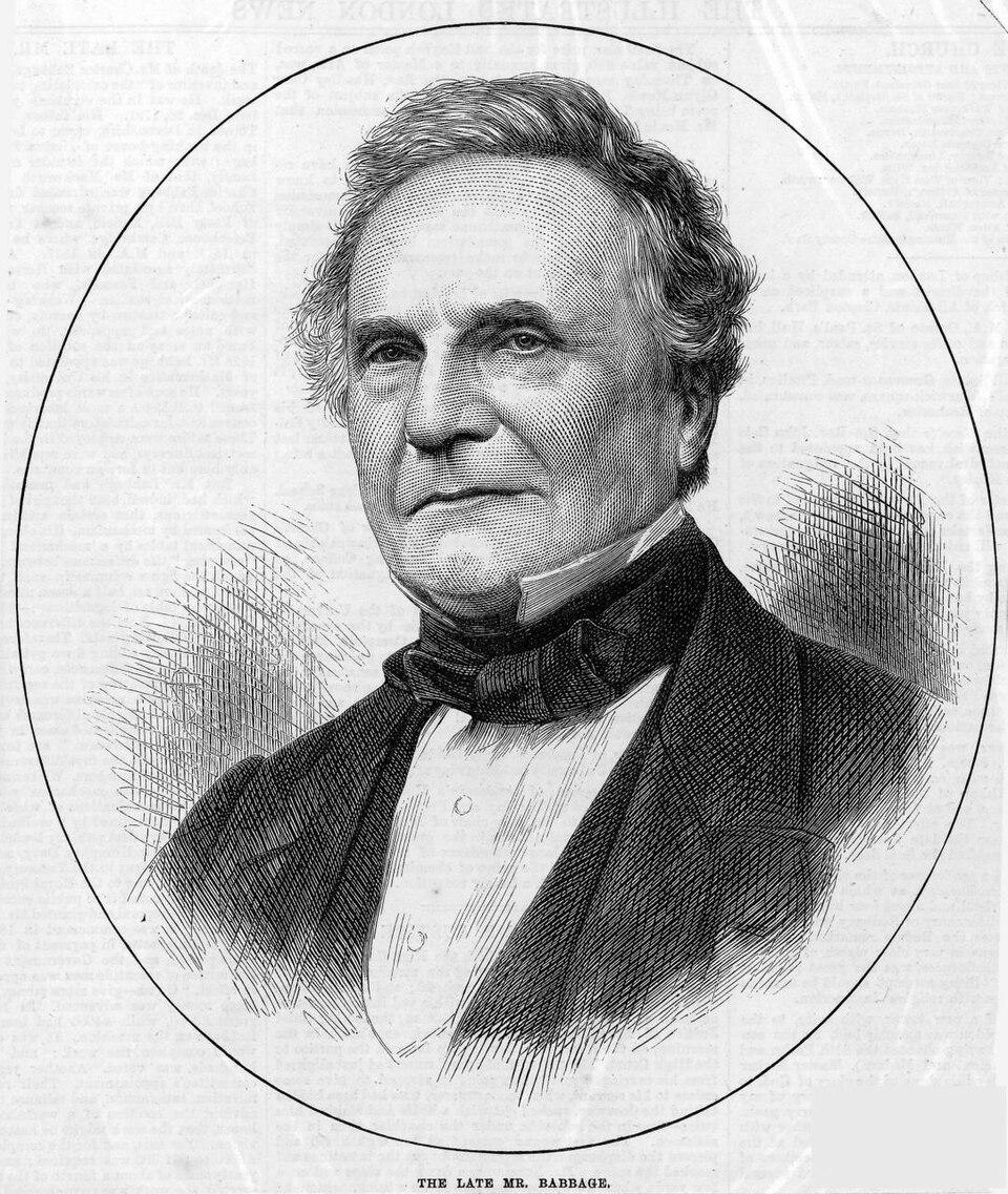 Gravura oval em preto e branco do rosto de Charles Babbage, de cabelos grisalhos e casaco escuro, com a legenda The late Mr. Babbage.