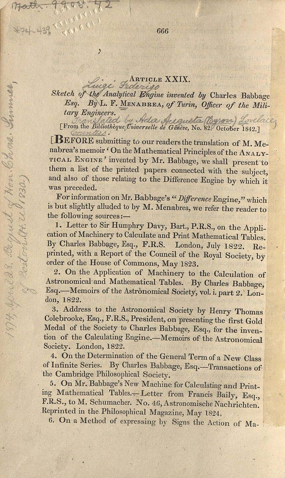 Página 666 do volume 3 da Scientific Memoirs, com o título do artigo de Menabrea e anotações manuscritas a lápis e tinta nas margens.