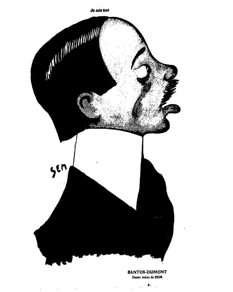 Caricatura em preto e branco do perfil de Santos-Dumont, com o rosto alongado, gola alta e a assinatura Sem ao lado do pescoço.