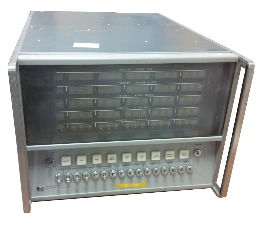 Frente de um minicomputador HP 2115A cinza, com painel de luzes dos registradores e fileira de chaves e botões na parte inferior.