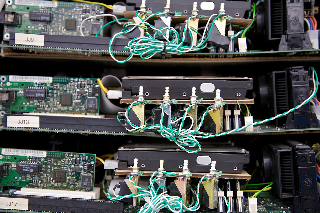 Detalhe de placas de circuito verdes e discos rígidos empilhados em prateleiras de cortiça, ligados por fios trançados, num servidor antigo.
