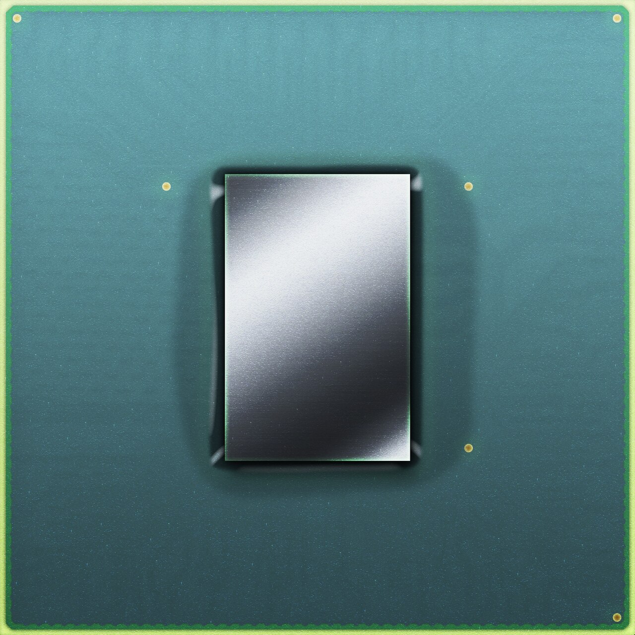 Ilustração do chip Cell visto de cima, com o encapsulamento verde-azulado e a pastilha de silício retangular no centro.